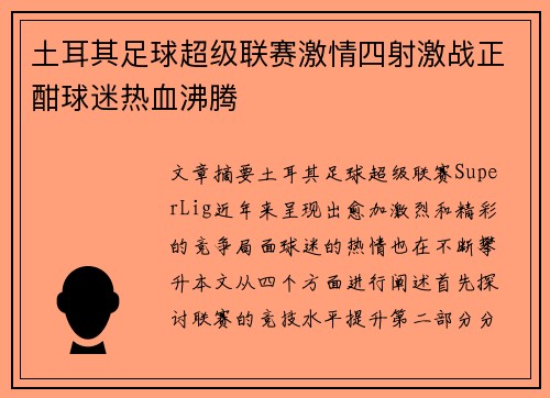 土耳其足球超级联赛激情四射激战正酣球迷热血沸腾