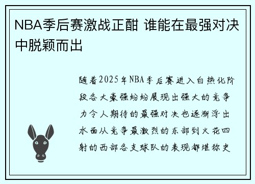 NBA季后赛激战正酣 谁能在最强对决中脱颖而出