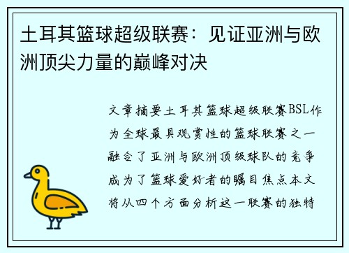 土耳其篮球超级联赛：见证亚洲与欧洲顶尖力量的巅峰对决