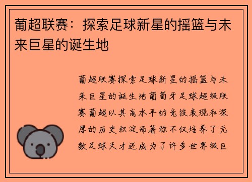 葡超联赛：探索足球新星的摇篮与未来巨星的诞生地