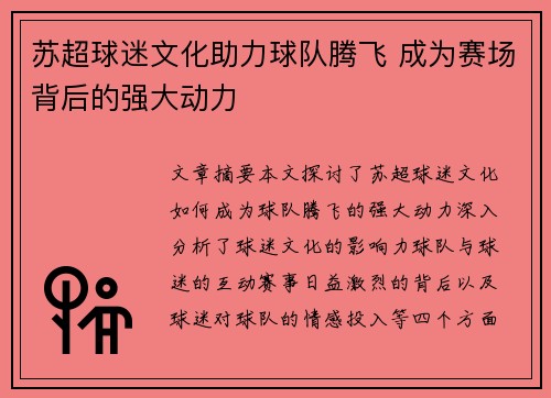 苏超球迷文化助力球队腾飞 成为赛场背后的强大动力